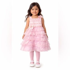 Baby Girl Pink Formal Dress Ruffle Button Back Tie Bow Flower Details Size 24 M